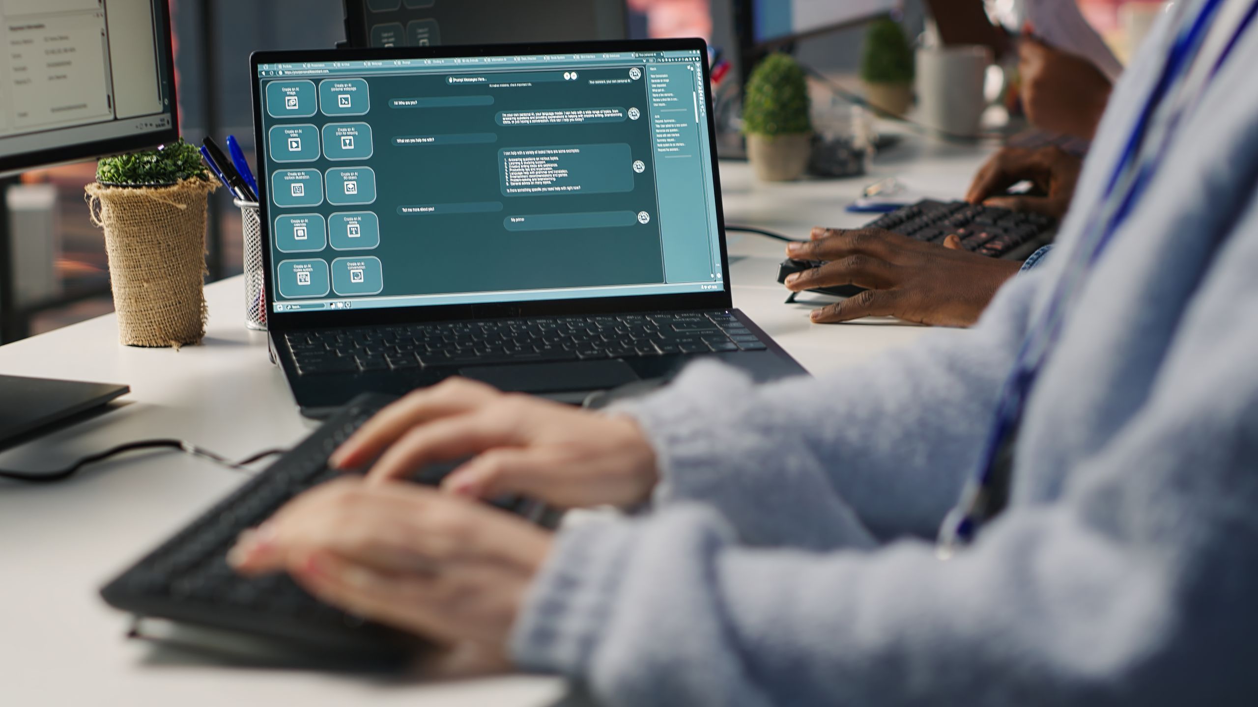 Account manager using AI chatbot for help in talking with customers and identifying sales opportunities. Employee in office using artificial intelligence LLM for help in generating leads, camera A